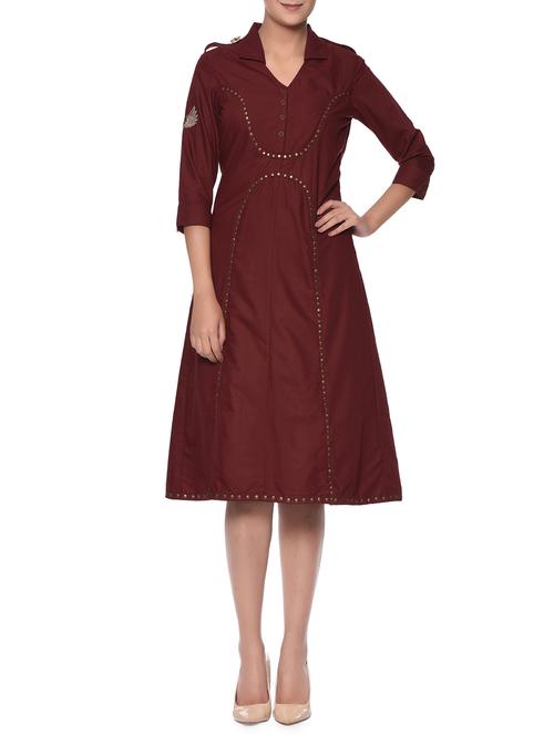 maroon embellished cotton dress with box pleats at the back - 13049759 - Very Small Image - 1