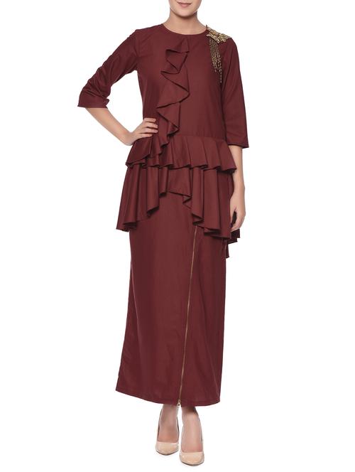 maroon embellished three quarter sleeved dress - 13049763 - Very Small Image - 1