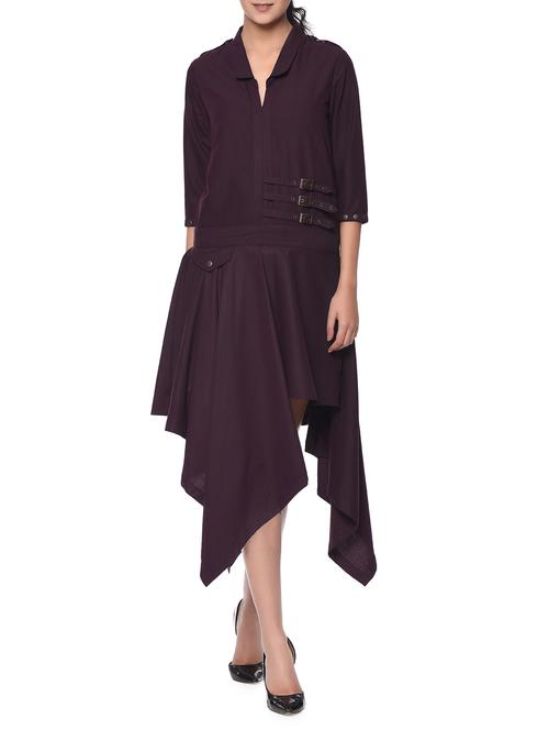 dark purple embellished asymmetrical cotton dress - 13049764 - Very Small Image - 1