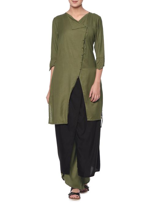 olive rayon angrakha dress and wrap palazzos set - 13049772 - Very Small Image - 1