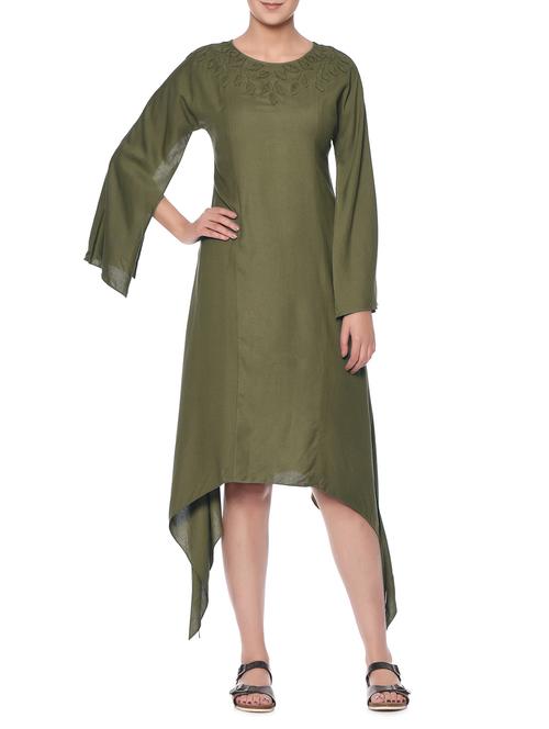 olive embroidered rayon asymmetrical dress - 13049773 - Very Small Image - 1