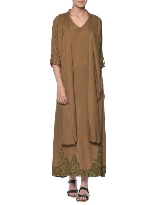 dusty brown double layer dress with abstract embroidery - 13049779 - Very Small Image - 1