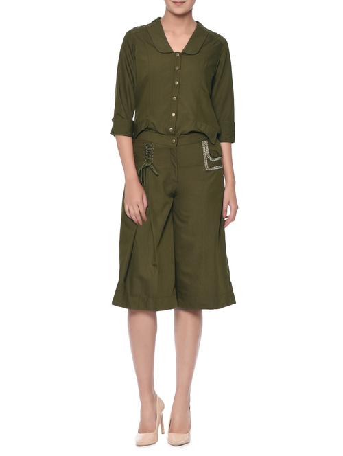 olive cotton culottes and embellished top set - 13049799 - Very Small Image - 1