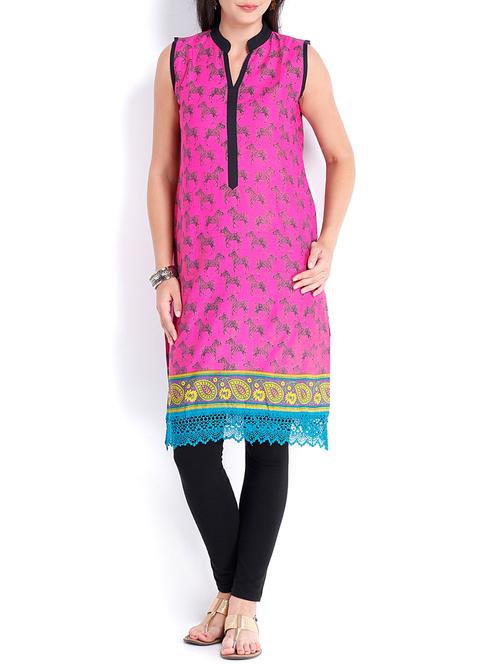 pink cotton printed straight kurta - 13053982 - Very Small Image - 1
