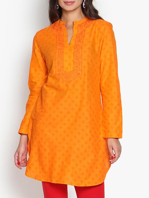 orange cotton printed straight kurta - 13054070 - Very Small Image - 1