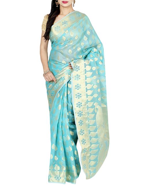 sky blue woven silk blend saree with blouse - 13056351 - Very Small Image - 1