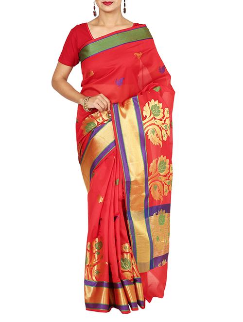 red silk blend woven saree with blouse - 13056364 - Very Small Image - 1