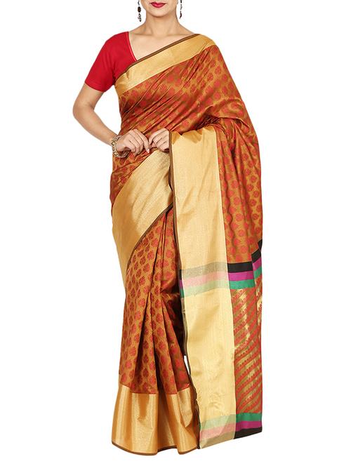 orange silk blend woven saree with blouse - 13056368 - Very Small Image - 1
