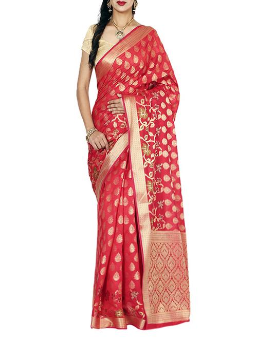 red banarasi silk blend saree with blouse - 13056377 - Very Small Image - 1