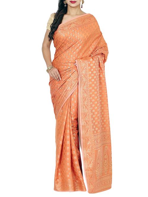 orange woven silk blend saree with blouse - 13056383 - Very Small Image - 1