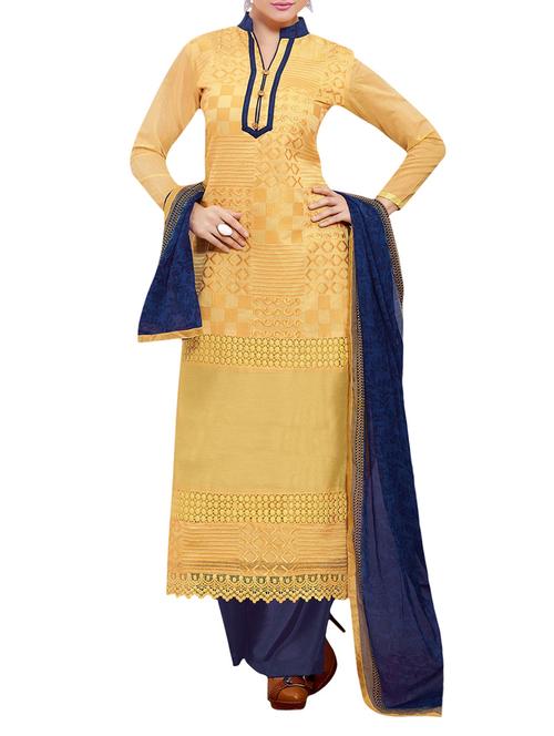 yellow cotton blend semistitched suit - 13060821 - Very Small Image - 1