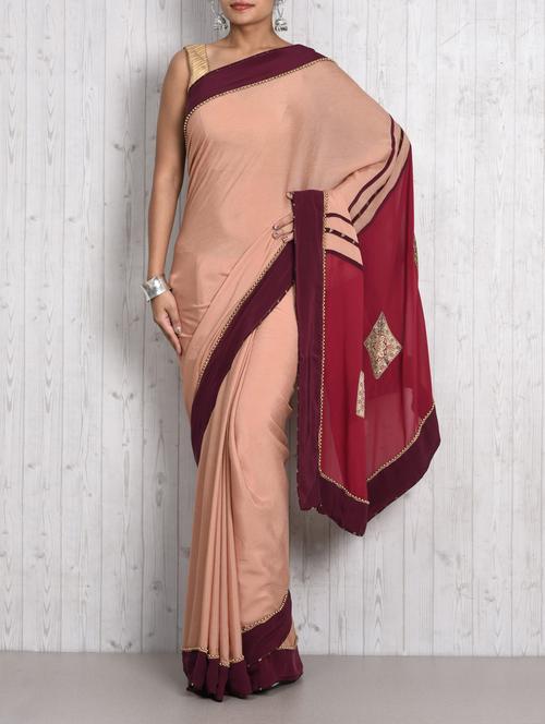 dull peach and wine embellished pure georgette sari - 1306152 - Very Small Image - 1