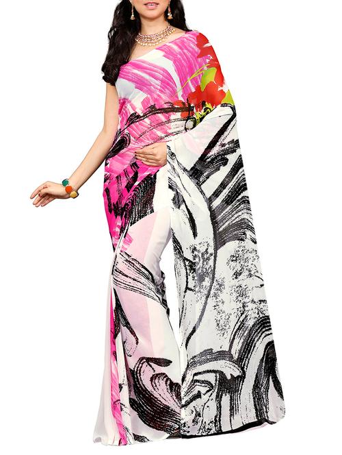 white georgette printed saree with blouse - 13062529 - Very Small Image - 1