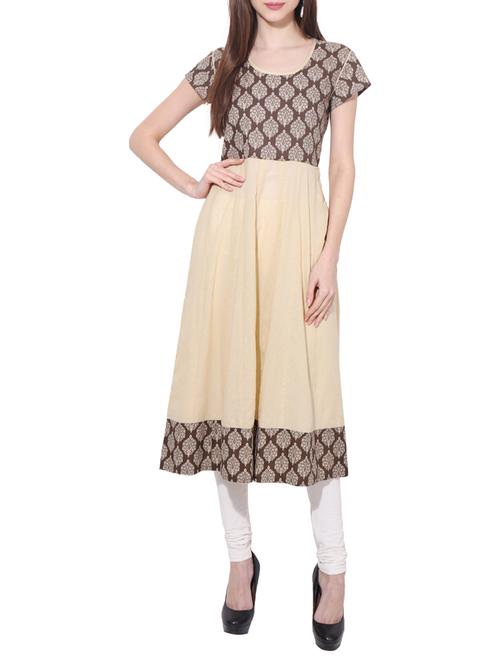 beige cotton block printed a-line kurta - 13069747 - Very Small Image - 1