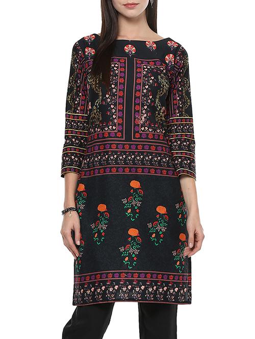 black cotton printed straight kurta - 13070984 - Very Small Image - 1