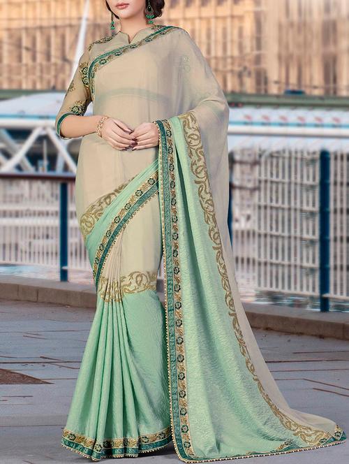 beige & green embroidered half and half saree with blouse - 13073476 - Very Small Image - 1