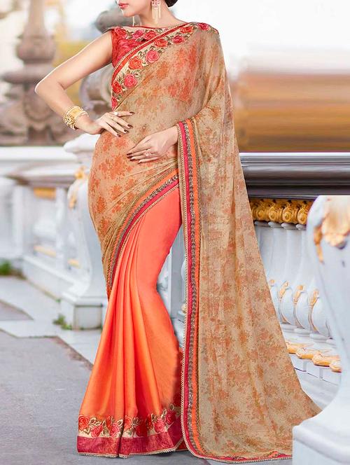 orange georgette printed half and half saree with blouse - 13073479 - Very Small Image - 1