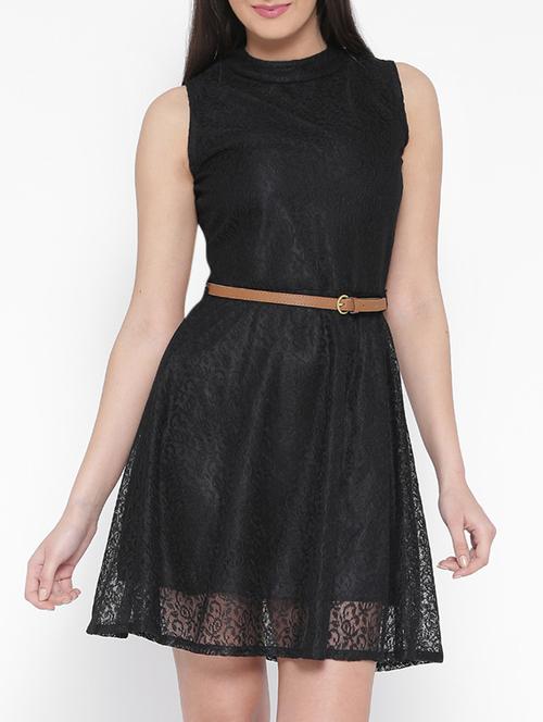 contrast belted laced fit & flare dress - 13073877 - Very Small Image - 1