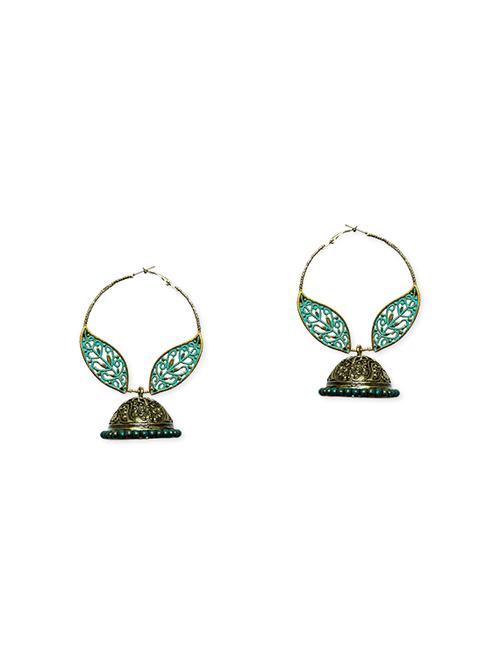 teal and antique gold hoop jhumkas - 13074153 - Very Small Image - 1