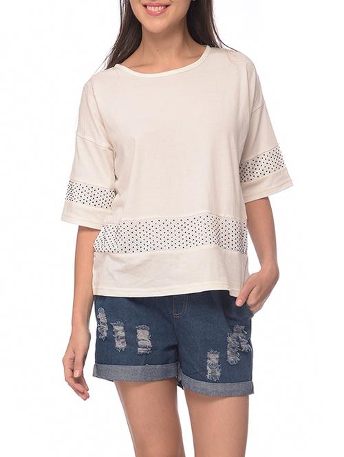 cream polka dots printed cotton regular top - 13075798 - Very Small Image - 1