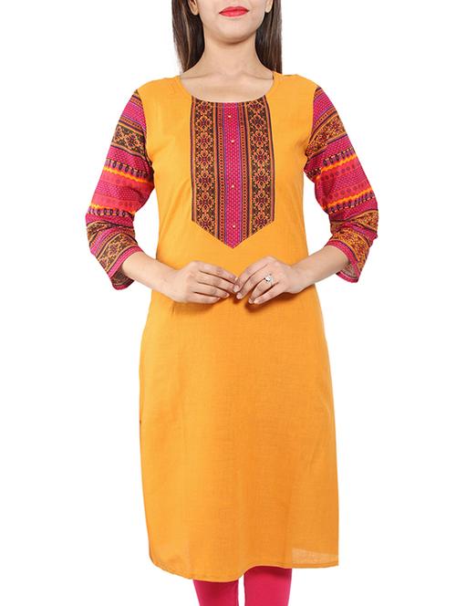 yellow cotton straight kurta - 13079452 - Very Small Image - 1