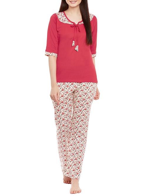 red floral printed cotton pyjama set - 13080713 - Very Small Image - 1