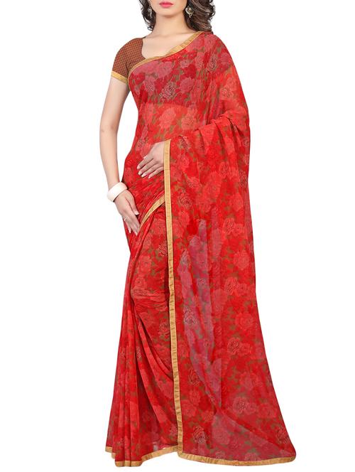 red printed georgette saree - 13081190 - Very Small Image - 1