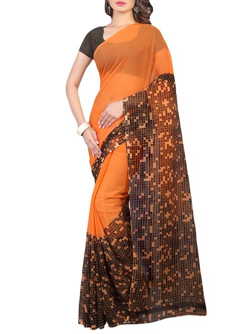 orange printed georgette saree - 13081193 - Very Small Image - 1