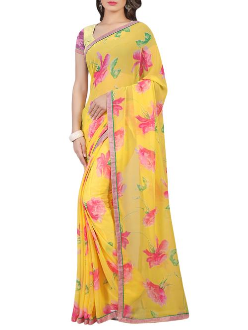 yellow printed georgette saree - 13081230 - Very Small Image - 1