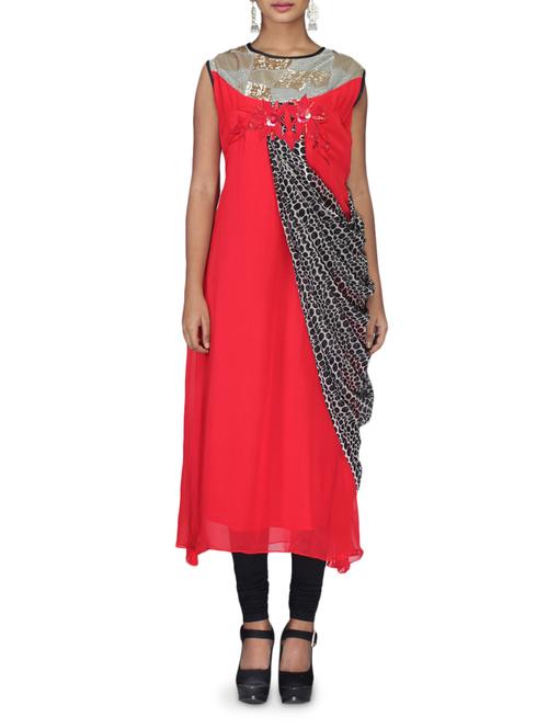 red sequined georgette kurta - 1308659 - Very Small Image - 1