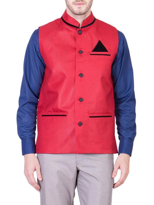 solid red cotton nehru jacket - 13087048 - Very Small Image - 1