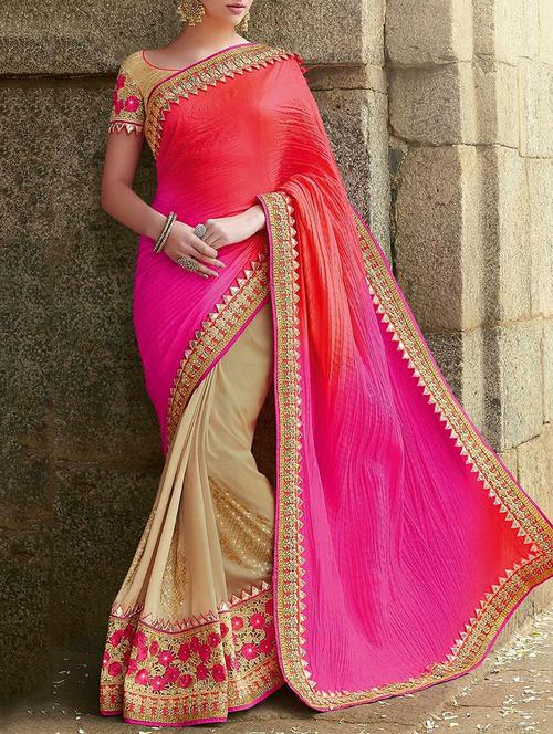 pink & beige georgette half and half saree - 13089712 - Very Small Image - 1