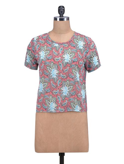 printed pink and turquoise keyhole back top - 1309009 - Very Small Image - 1