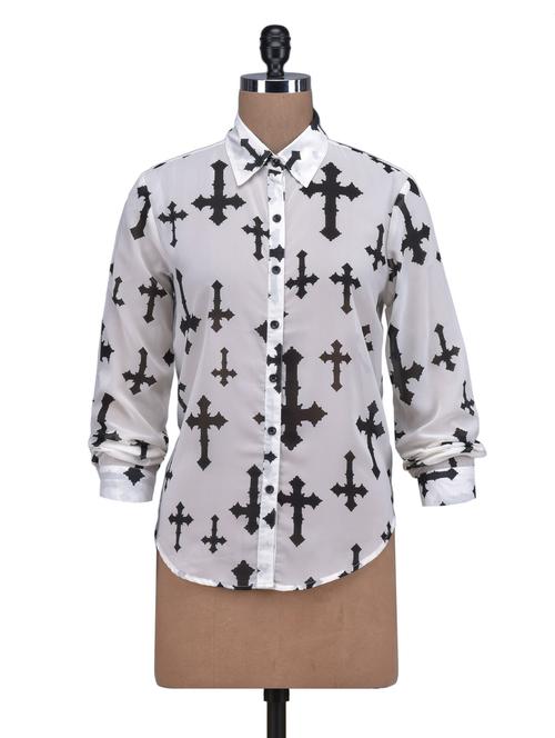 cross printed white poly-georgette shirt - 1309014 - Very Small Image - 1
