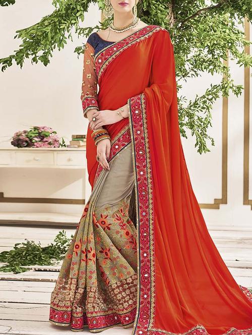 red georgette half and half saree - 13090149 - Very Small Image - 1