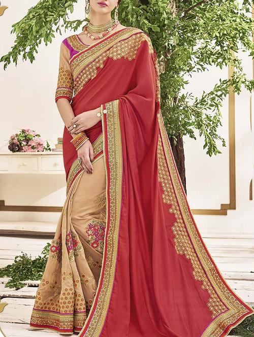 red georgette half and half saree - 13090153 - Very Small Image - 1