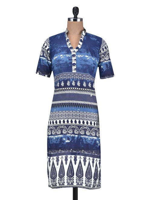 blue and white cotton printed kurta - 1309289 - Very Small Image - 1