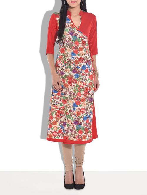red floral printed quarter sleeved kurta - 1310234 - Very Small Image - 1
