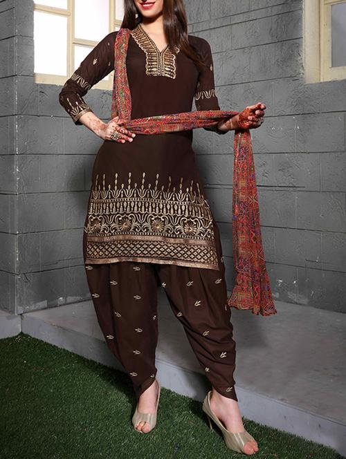 brown cotton embroidered patiyala semi-stitched suit - 13103333 - Very Small Image - 1