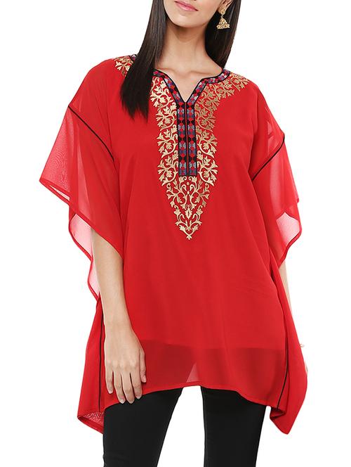 red embroidered georgette regular kaftan - 13103798 - Very Small Image - 1