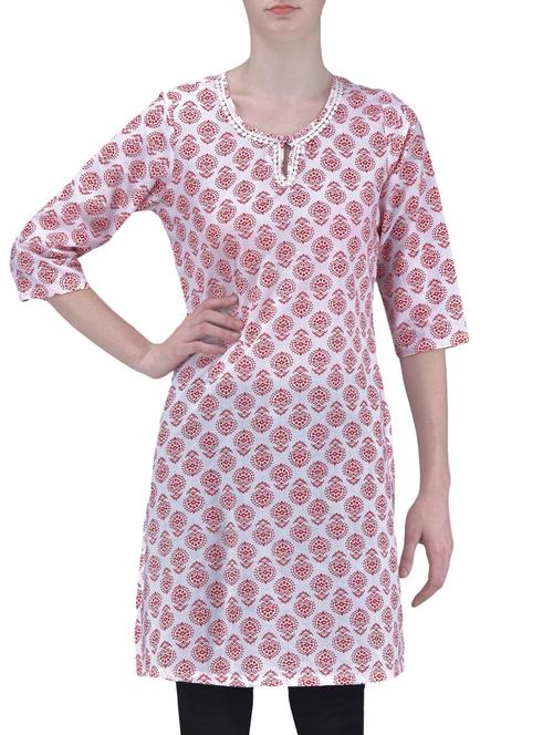 white and red cotton printed kurta - 1310387 - Very Small Image - 1