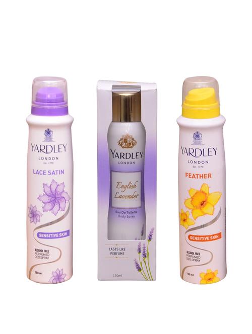 yardley london lace satin::english lavender::feather perfume body spray - for women (420 ml ) - 13106800 - Very Small Image - 1