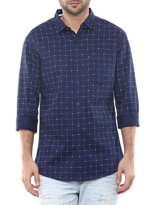navy blue cotton checked casual shirt - 13107769 - Very Small Image - 1
