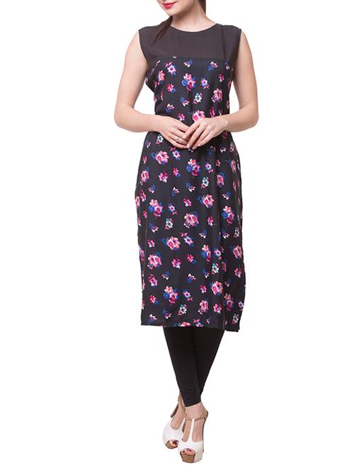 black crepe printed straight kurta - 13108110 - Very Small Image - 1