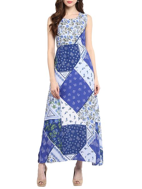 blue printed rayon maxi dress - 13112210 - Very Small Image - 1