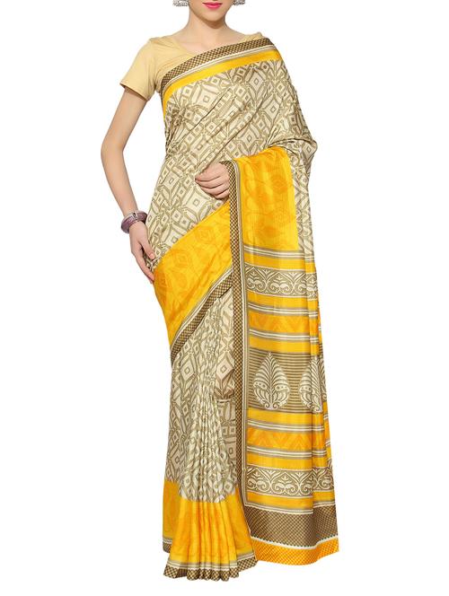 cream silk blend printed saree with blouse - 13115806 - Very Small Image - 1