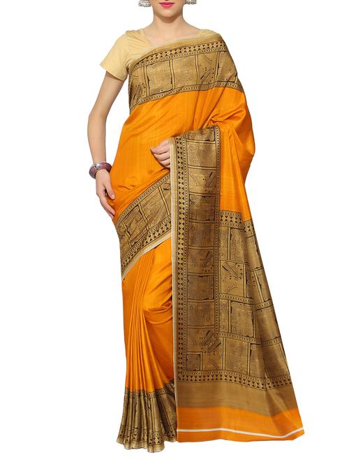orange silk blend printed saree with blouse - 13115807 - Very Small Image - 1
