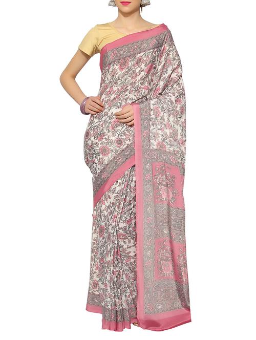 white crepe printed saree with blouse - 13115820 - Very Small Image - 1