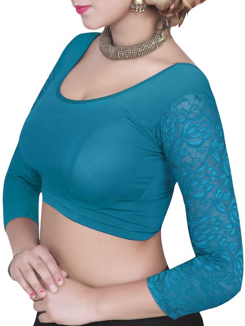 blue plain lace stitched blouse - 13116280 - Very Small Image - 1