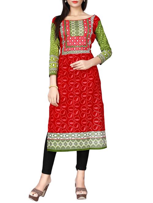 red cotton printed unstitched kurta - 13116613 - Very Small Image - 1